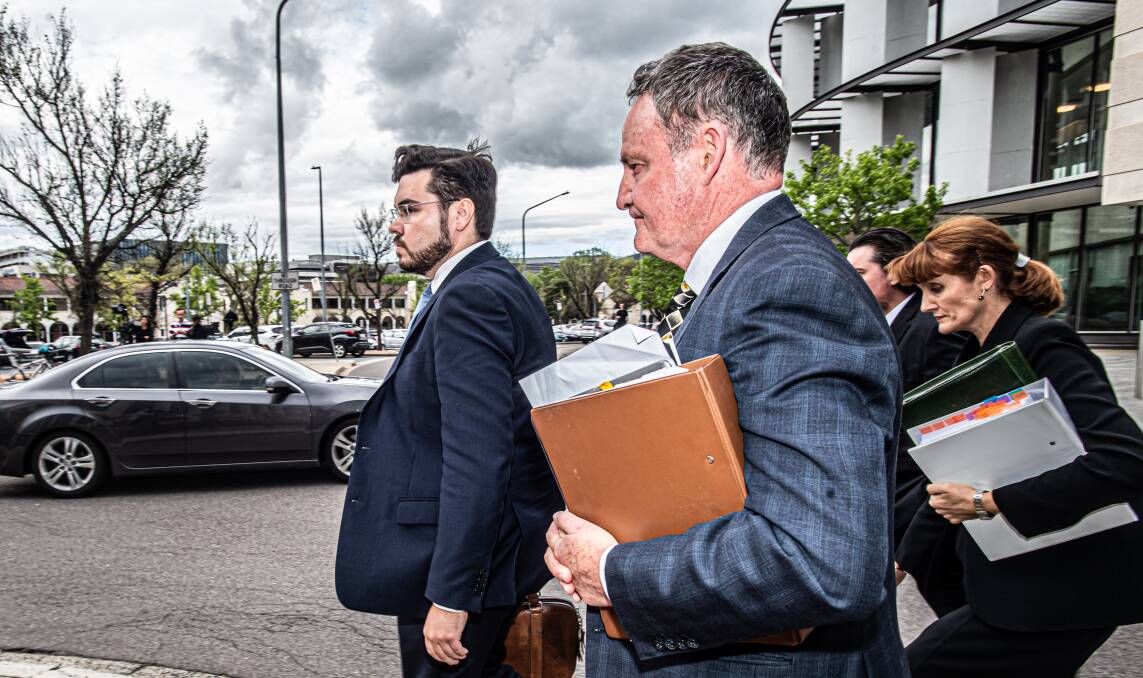 Bruce Lehrmann leaves the ACT courts last year with barrister Steven Whybrow SC. Picture by Karleen Minney