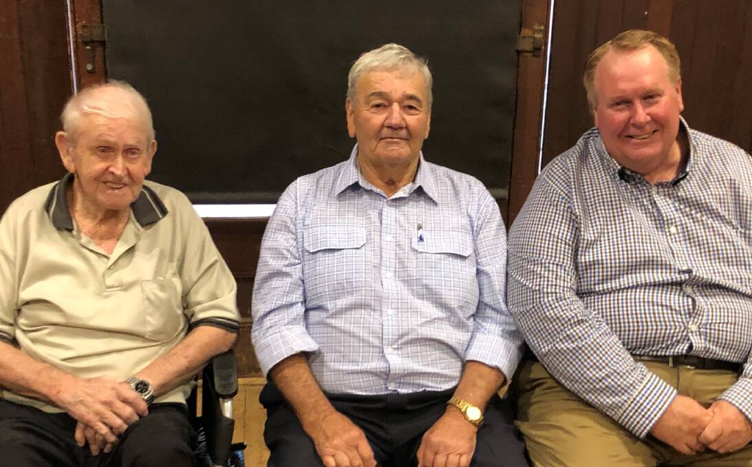 THREE MAYORS: Former Coolamon Mayors Robert Menzies and John Seymour with current shire mayor David McCann. Picture: Supplied