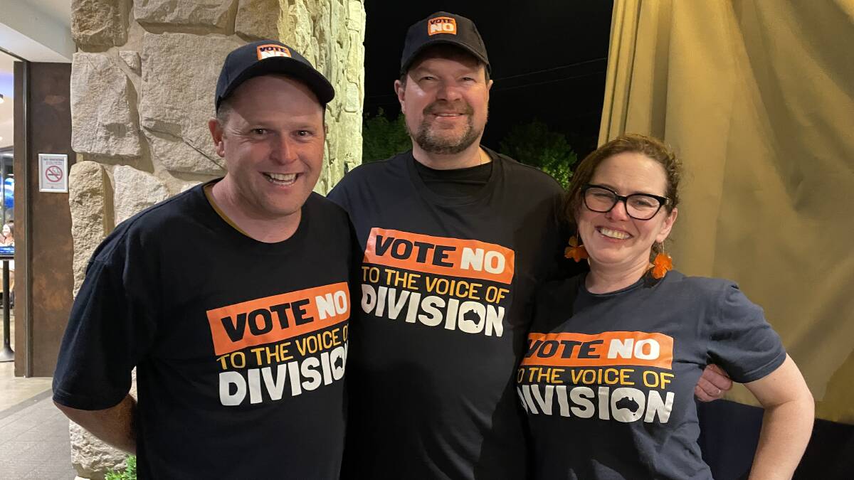 Grassroots Vote No organiser Cam OKane with Lake Albert public school booth captain Chris Gordon and Berry Street pre-poll veteran Rosie Gordon were glad to see the referendum result on Saturday night. Picture by Andrew Mangelsdorf