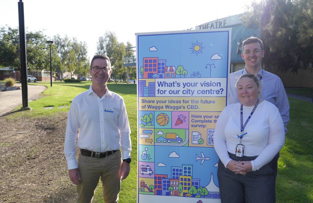 Wagga City Council's directorof regional activation John Sidgwick with strategic planning coordinator Lou Hawkins and senior strategic planner Matt Yeomans at the Wagga Civic Centre on Friday. Picture by Andrew Mangelsdorf