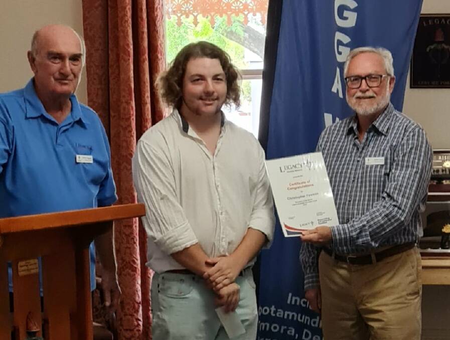 A worthy recipient: C.J. Fewson (centre) is presented the award by Wagga Legacy Education Chairman John Ferguson and Legacy Vice President David Thorley at Legacy house on Monday.