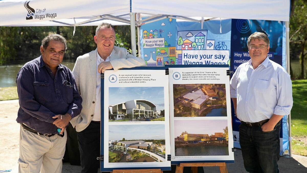 Mayor Dallas Tout and general manager Peter Thompson with Uncle James Ingram (left) at Wagga Beach where designs for the proposed projects were released on Wednesday. Picture by Madeline Begley