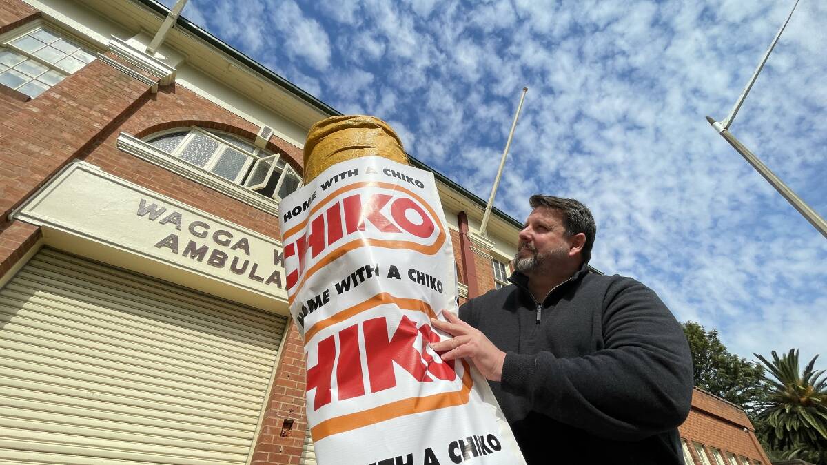 Wagga artist Chris Roe has made what he claims is the world's largest Chiko Roll, set to go on exhibit at the Wagga Ambulance Station gallery this week. Picture by Andrew Mangelsdorf