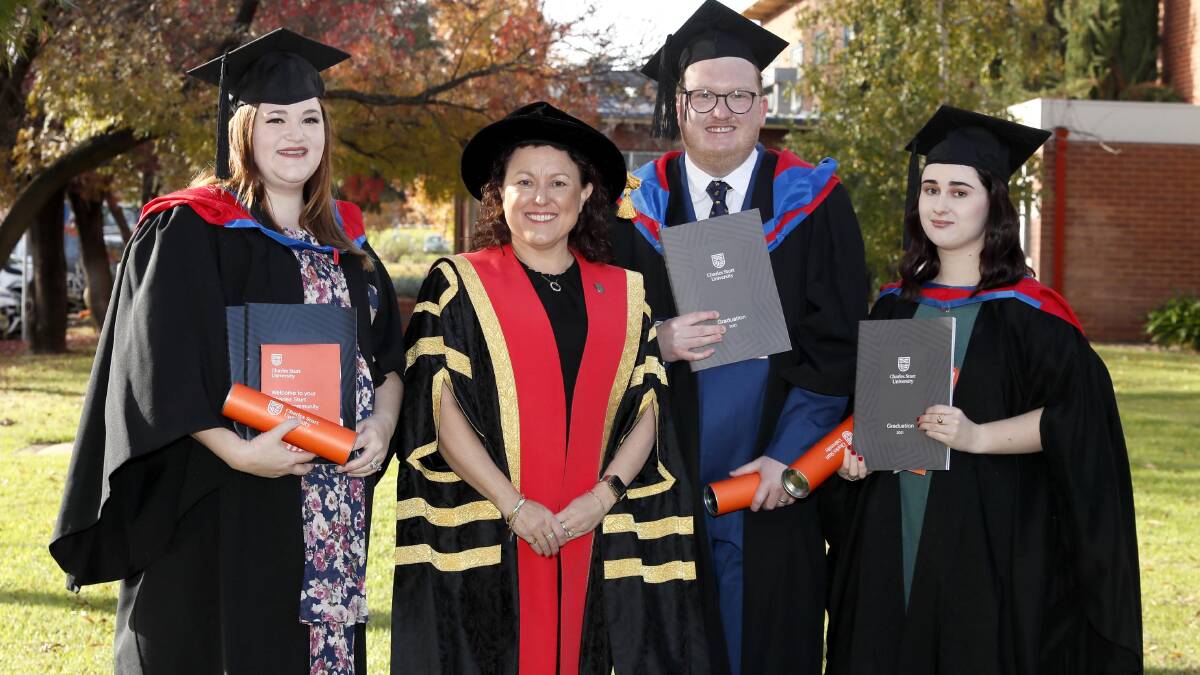 Big Day: CSU deputy chancellor Dr Saranne Cooke (centre left) with Courtney Inglis (Accounting), Brendan Budde (Social Science) and Elise Rumble (Psychology).