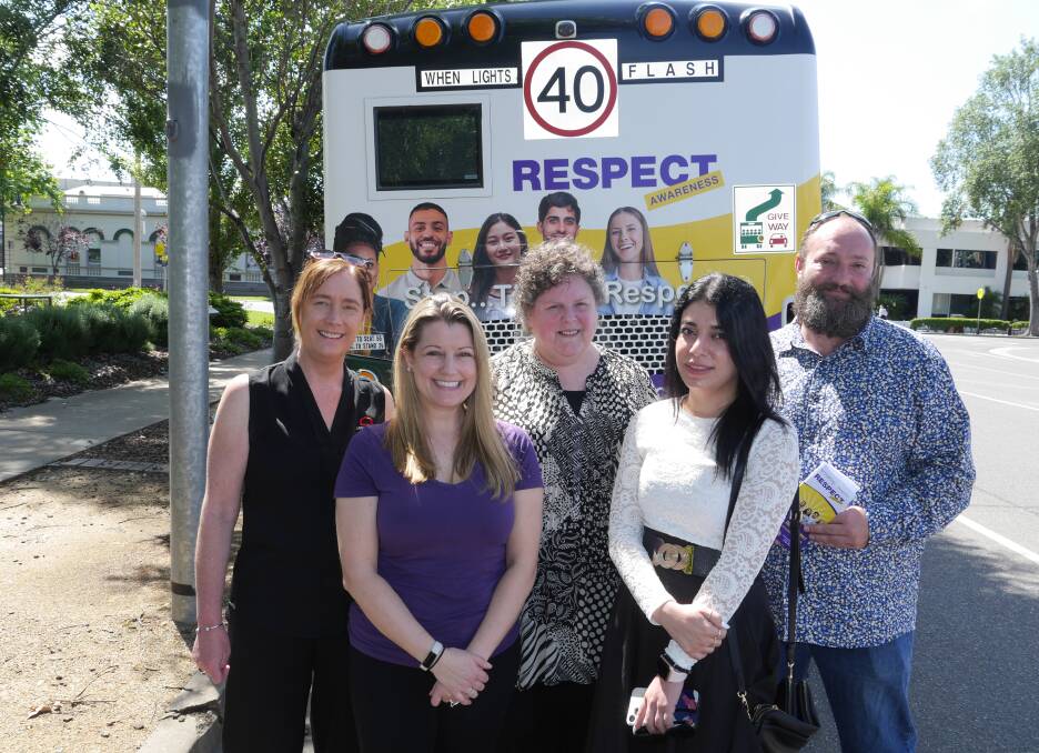 Respect Awareness president Jacinta Kelly, Respect treasurer LaNice Dillon, Respect board member Lisa Taylor, Yazidi woman Ronak Hasan and Multicultural Council of Wagga's Thom Paton. Picture by Andrew Mangelsdorf