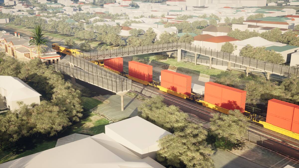 An artists impression of the replacement Wagga Station pedestrian bridge facing south-east, while a double-stacked freight train passes by. Picture contributed