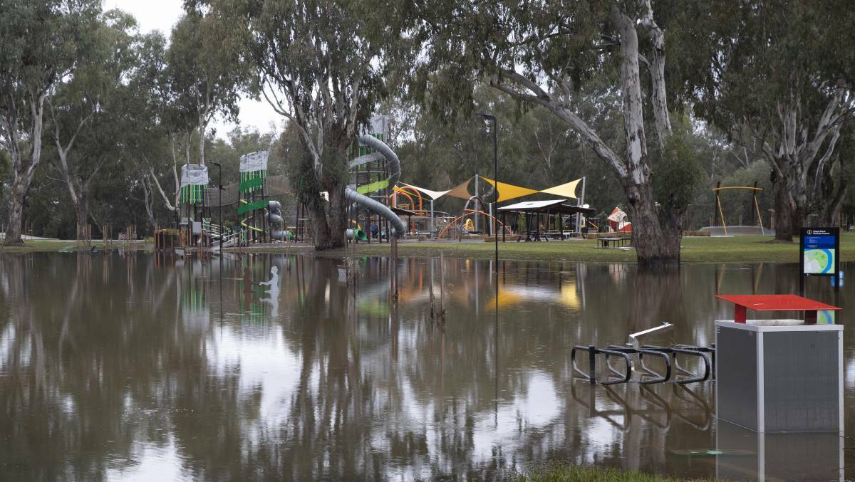 Wagga Beach in flood last month. Picture by Madeline Begley