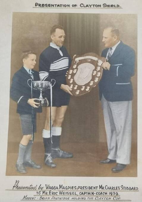 Brian Partridge, Wagga Magpies captain coach Eric Weissel and club president Charles Stibbard with the Clayton Cup in 1939. Picture contributed