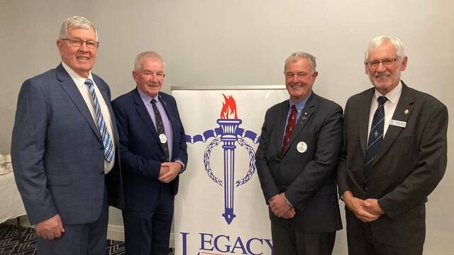 PRESIDENT FAREWELLED: Outgoing Wagga Legacy president Fred Hazelwood (L), Peter Kalkman (Director Zone B2-NSW Southern Region and Treasurer Legacy Australia Inc), Eric Easterbrook (Chairman of Legacy Australia Inc) and incoming 2022-2024 president Doug Conkey. Picture: Supplied
