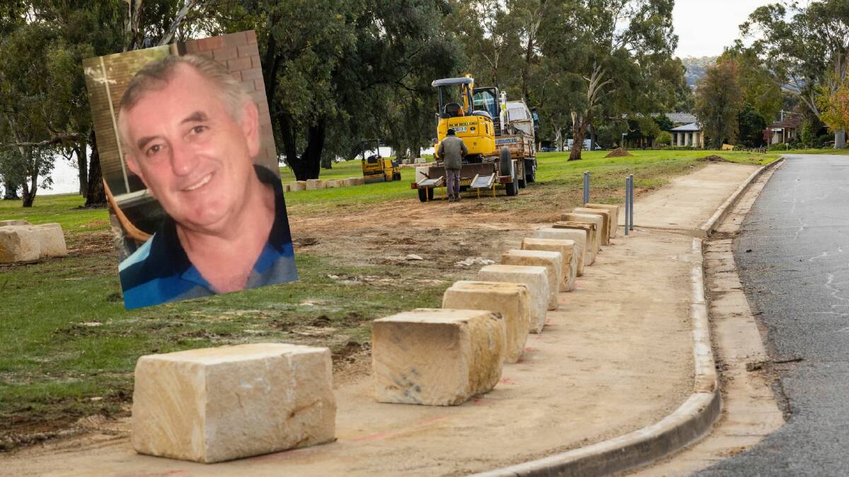 Sandstone blocks mark are being installed along Eastlake Drive at Lake Albert and local resident Dennis Pinnock is up in arms. Picture by Ash Smith