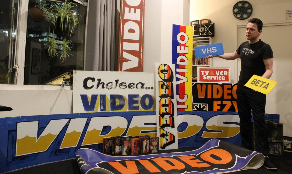 Former district man Leon O'Regan has amassed a large collection of video store memorabilia in an effort to preserve their memory. Picture: Sophie Perillo