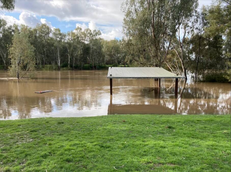 Wagga beach in flood as the Murrumbidgee River swelled on Monday afternoon. Picture by David Mangelsdorf.
