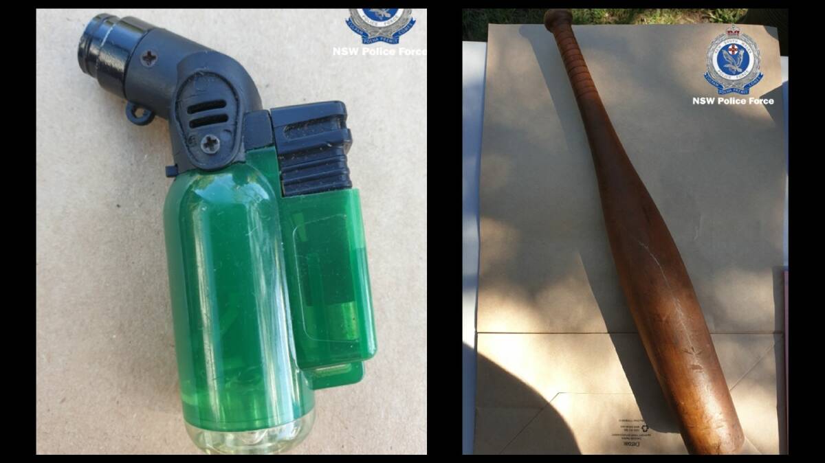 A green cigarette lighter allegedly stolen during a home invasion and a wooden club police say was used by the assailant. Pictures courtesy NSW Police