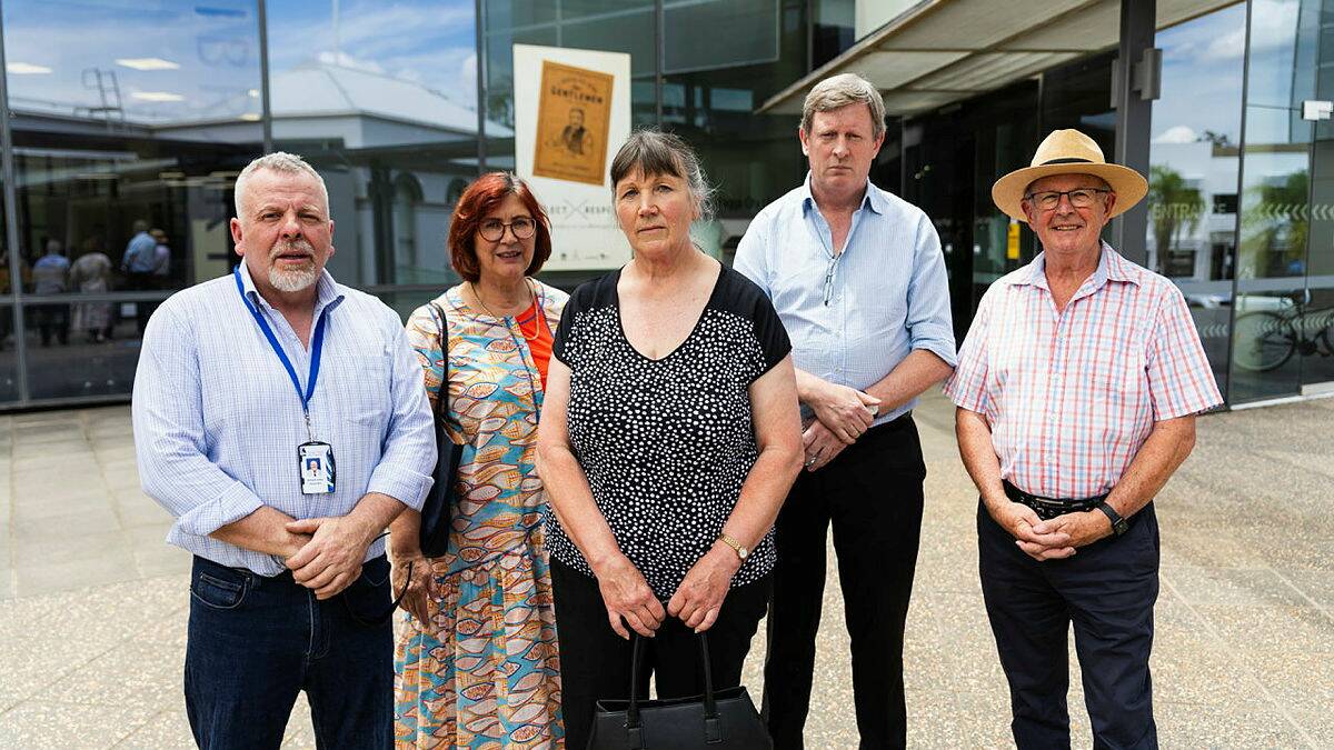 Concerned members of the public showed up at the Wagga Civic Centre - the original location for Inland Rail's meeting this week, despite its postponement. They are Councillor Richard Foley, concerned community member Maureen Donlon, Rate Payers Association Secretary Lynne Bodell, Rate Payers Association President Chris Roche, and Rate Payers Association Public Officer Gary Roberts. Picture by Ash Smith