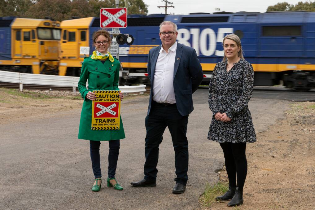SAFETY FIRST: Member for Cootamundra Steph Cooke with TfNSW Director West Alistair Lunn and safety campaigner Maddie Bott, who lost her fiance in a fatal level crossing collision last year. Picture: Contributed