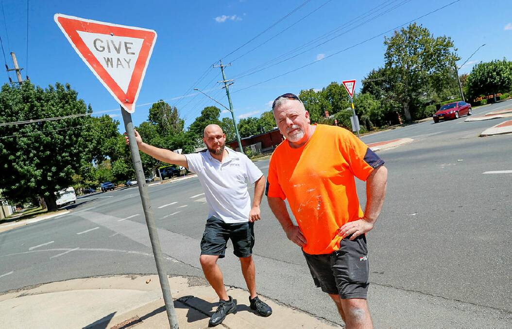 Sporties hotel publican Joseph Kirk and Wagga Councillor Richard Foley at the Kincaid-Beckwith Street intersection, which could soon undergo a major change. Picture by Les Smith