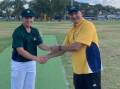 TRAC's Daniel Mansour was presented with the game ball by coach Mick Reynolds after claiming figures of 5-19 against Kooringal High. Picture from TRAC