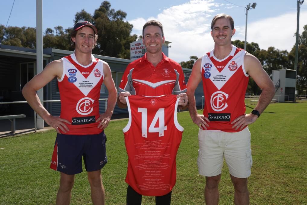Current co-captain Ed Perryman and vice-captain James Pope will wear the special guernseys on Saturday celebrating five premiership reunions occurring at Crossroads Oval. Picture by Tom Dennis