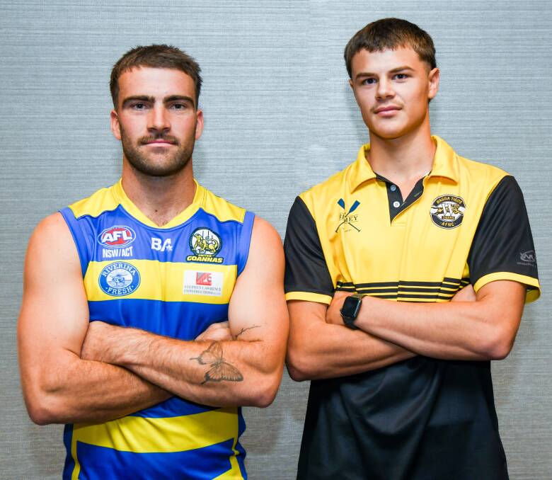 MCUE coach Nelson Foley and Wagga Tigers defender Crawford Wadley ahead of the Good Friday season-opener at Mangoplah Sportsground. Picture by Bernard Humphreys