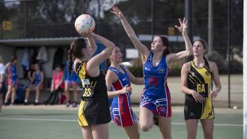 CALM UNDER PRESSURE: Wagga Tigers' Maeve Jackson shoots for goal while Turvey Park's Rio Weidemann tries to defend her shot. Picture: Madeline Begley
