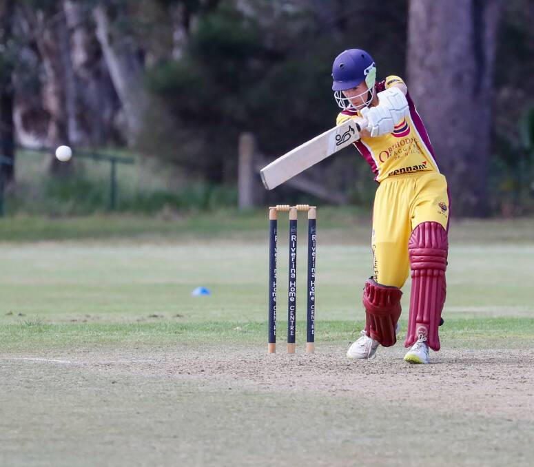 Damian Kalmeier gets a shot away during Lake Albert's nine-run Twenty20 win against South Wagga at Rawlings Park. Picture by Les Smith