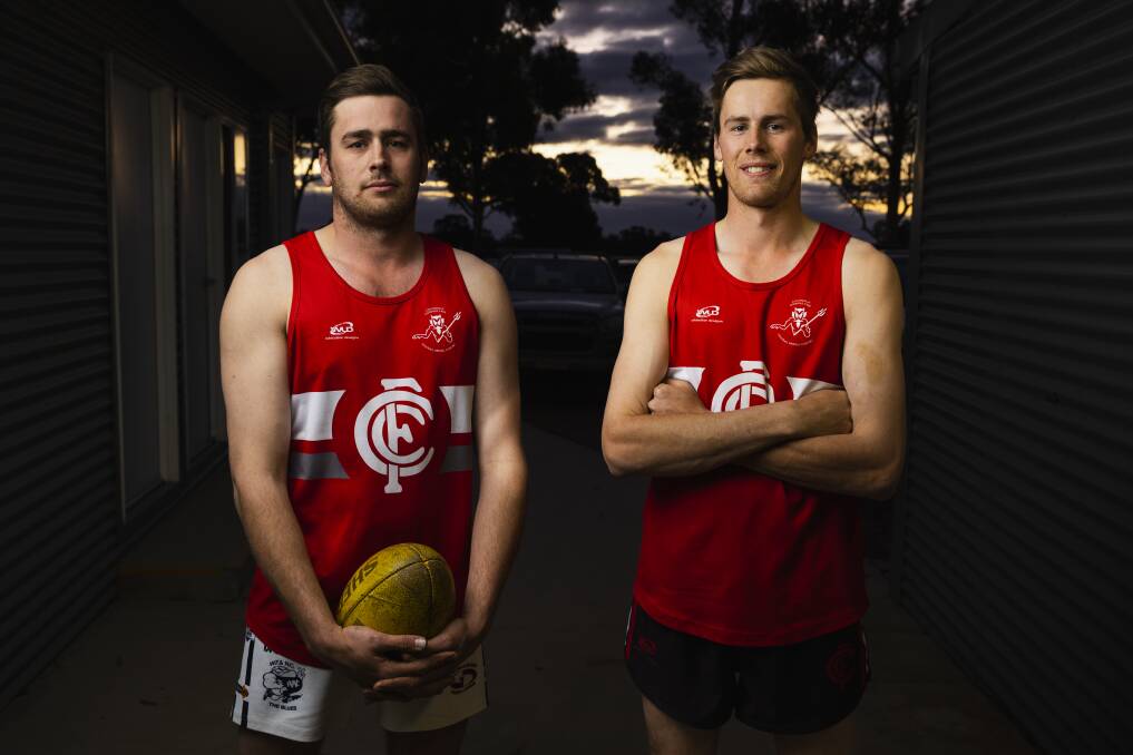 Fergus and Monty Inglis have played alongside each other for the first time this year at the Demons and share the rucking duties. Picture by Ash Smith
