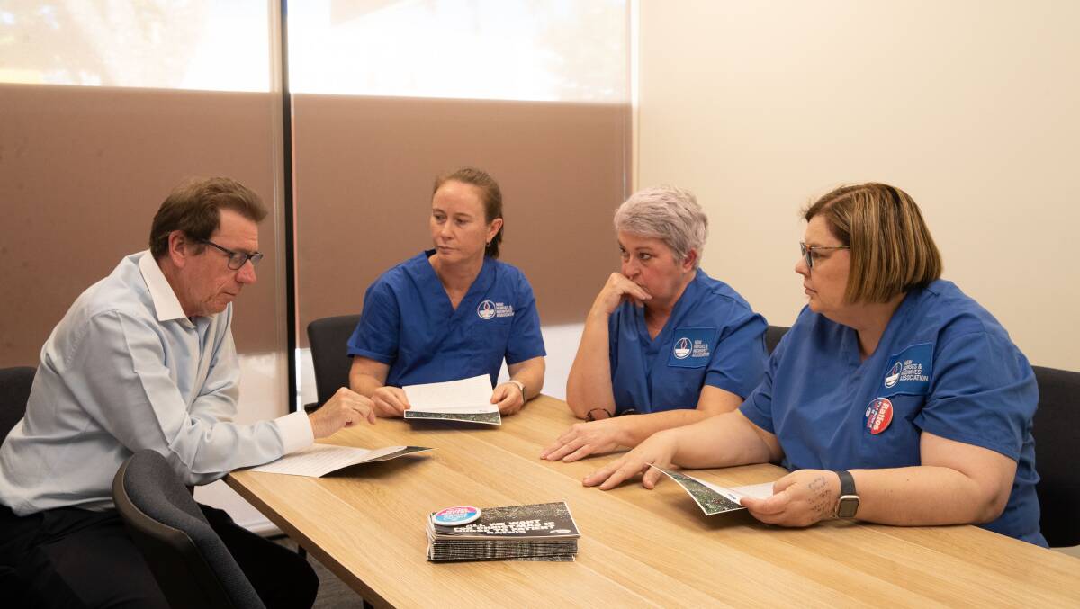Wagga MP Dr Joe McGirr meeting with NSW Nurses and Midwives Association members Roylene Stanley, Karen Hart and Natalie Ellis. Picture by Madeline Begley