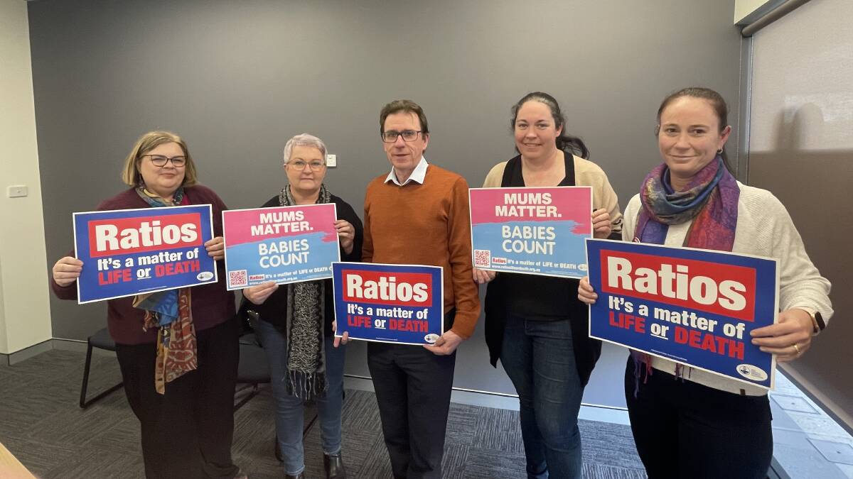 Members of NSW Nurses and Midwives Association Natalie Ellie, Karen Hart, Niamh Web and Roylene Stanley with Wagga MP Joe McGirr. Picture supplied