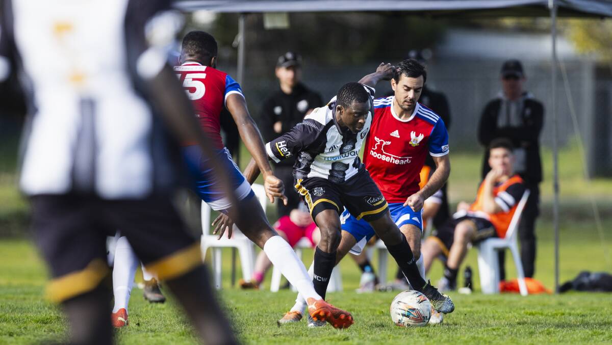 Morris Kadzola competes for the ball during a 2023 Wagga City Wanderers game. Picture by Ash Smith