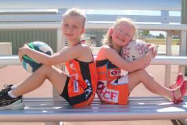 Halle Jaques, 9, and Hazel Flinn, 5, have been selected to carry the game ball for the Giants Super Netball preseason game in Wagga. Picture by Tahlia Sinclair