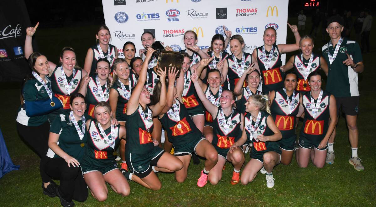 Coolamon celebrate their Southern NSW Women's League premiership win at Maher Oval. Picture by Bernard Humphreys