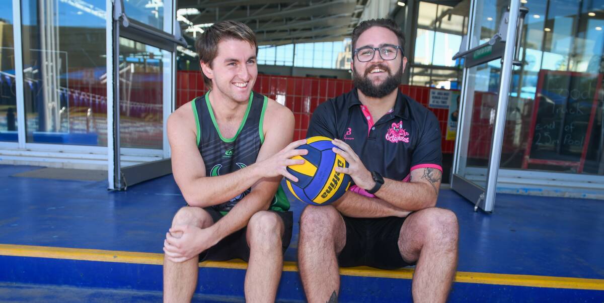 Rex Kallaher (Raiders) and Ryan Menz (Octopuses) ahead of the Wagga Water Polo grand final day. Picture by Bernard Humphreys