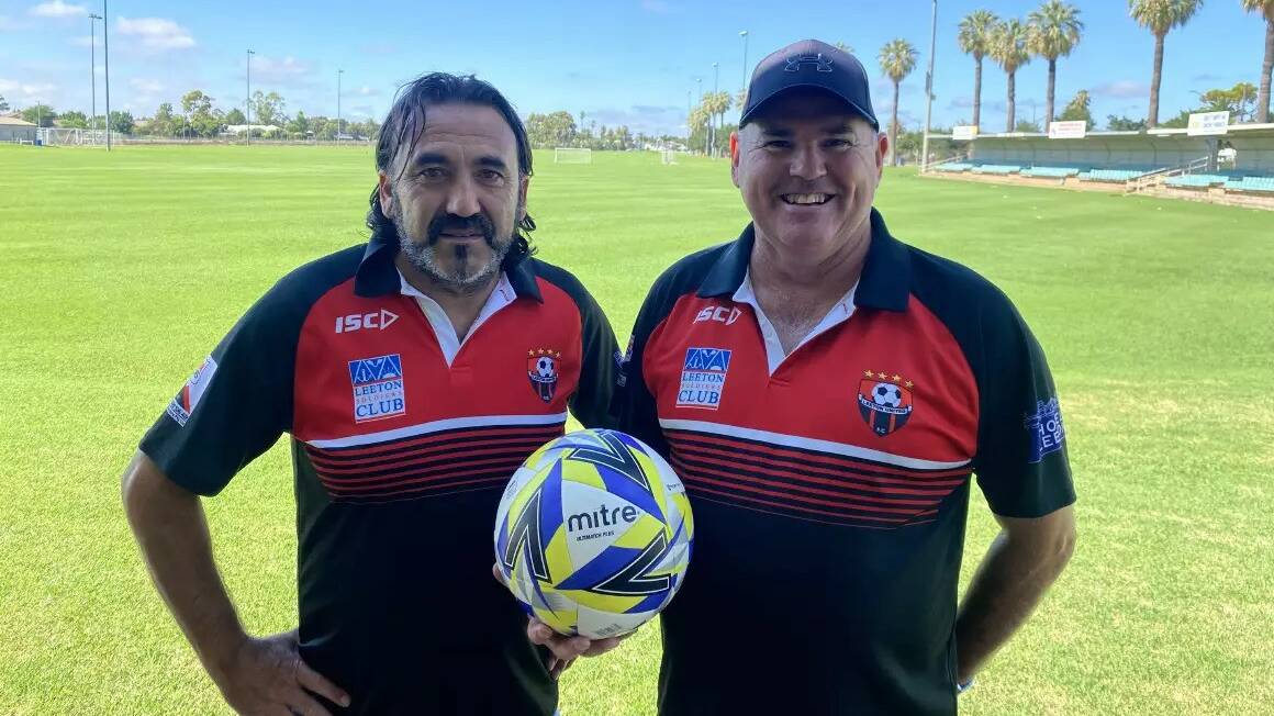 Leeton United Football Club vice president Frank Millemaggi and president Rod Harrison are looking forward to the Festival of Football this weekend. Picture by Talia Pattison
