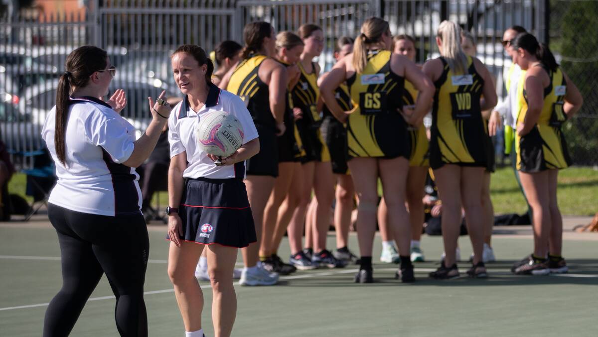 Amanda McLachlan discusses a stop in play during a 2023 AFL Riverina A grade game. Picture by Madeline Begley