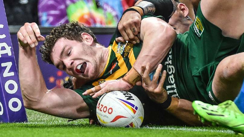 Liam Martin scores a try for Australia during last year's Rugby League World Cup campaign. Picture: National Rugby League