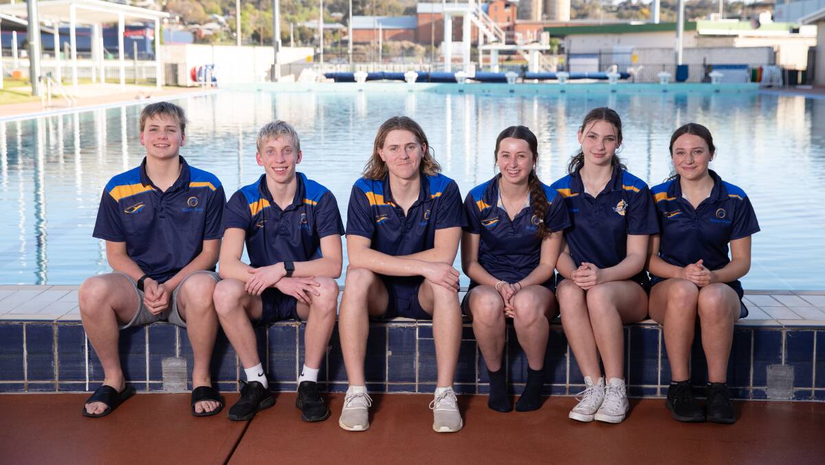 Campbell Bryce, Jack Piggott, Cooper Gray, Bea Wilson, Chloe Lotz, Lucy Hall, and Emma Mundey [absent] have been selected in the ACT water polo teams to compete at nationals later this month. Picture by Madeline Begley