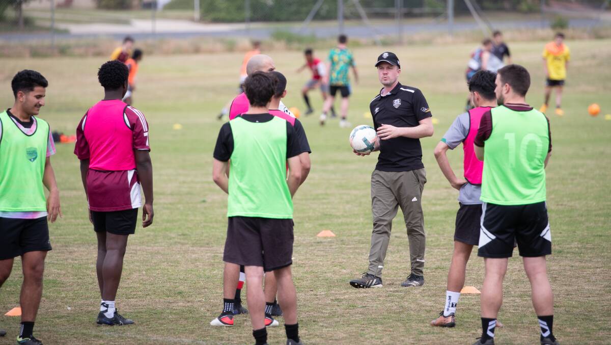 Heller instructs a drill during the first Wagga City Wanderers trials last month. Picture by Madleine Begley