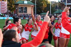 Ally Morphett celebrates with teammates after Sydney's first AFLW win in round one of the 2023 season. Picture via AFL Women's/Facebook