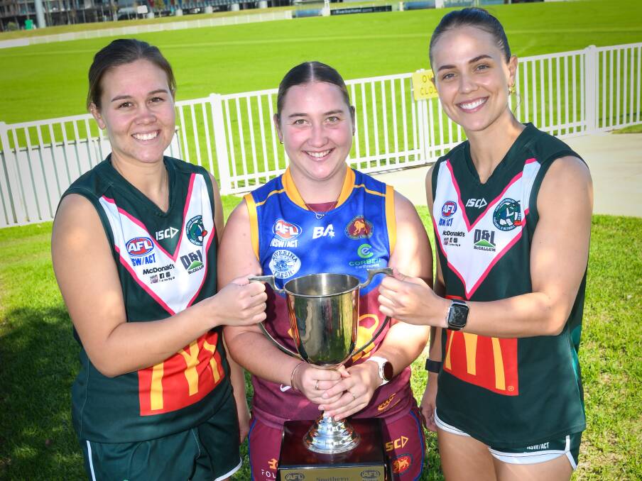 Coolamon and Ganmain Grong Grong Matong captains Kenzie Bradley, Lucy Anderson, and Georgia Beard ahead of the Southern NSW Women's League grand final. Picture by Bernard Humphreys