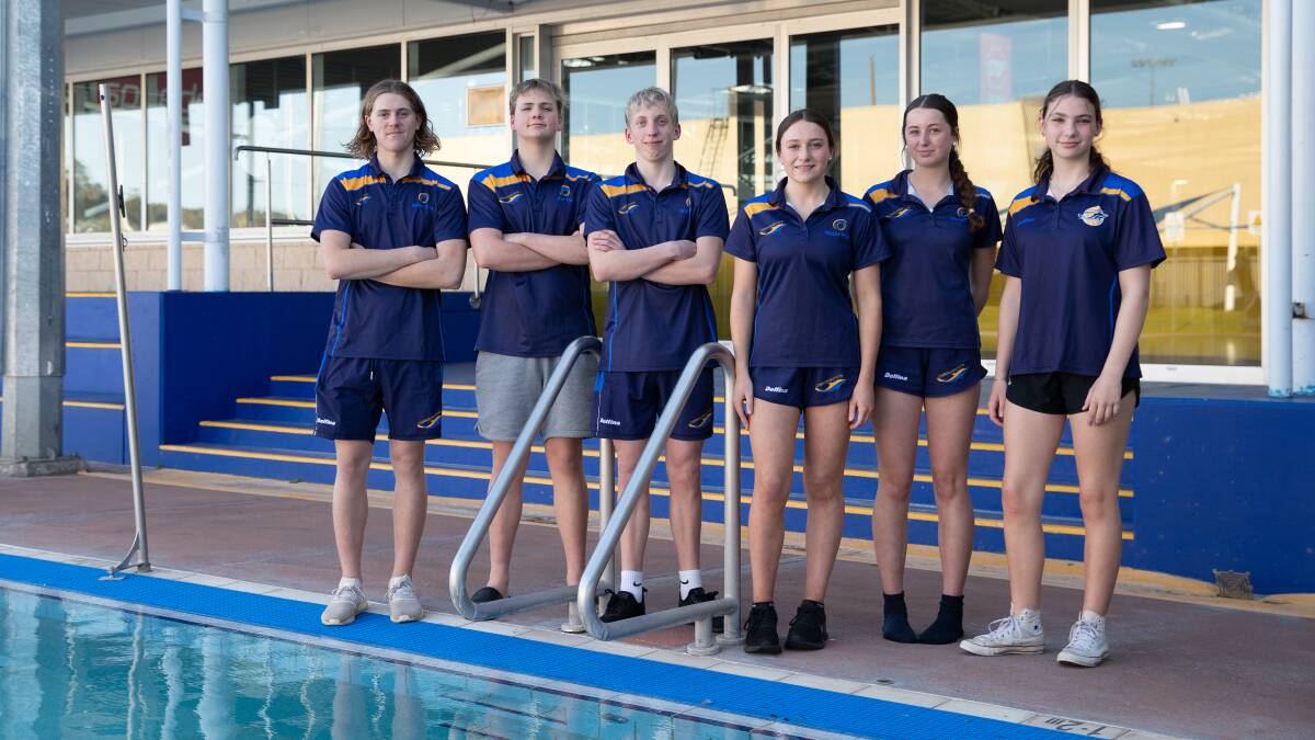 Cooper Gray, Campbell Bryce, Jack Piggott, Lucy Hall, Bea Wilson, Chloe Lotz, and Emma Mundey [absent] have been selected in the ACT water polo teams to compete at nationals later this month. Picture by Madeline Begley