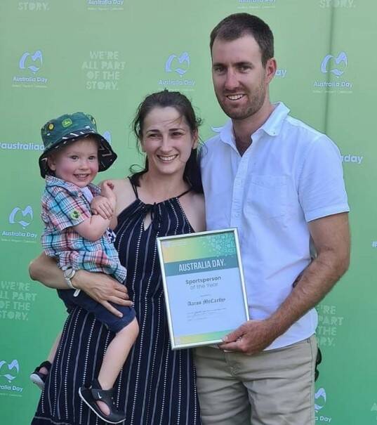 Aaron McCarthy with his wife Tahnee and son George after winning Lockhart's Sportsperson of the Year award. Picture supplied