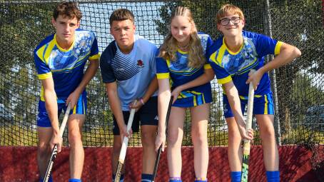 Gilbert Murrell, Lachlan Chyb, Milla Bailey and Lane Haymen, will play at the under 16 national field hockey championships in Hobart next week. Picture by Bernard Humphreys