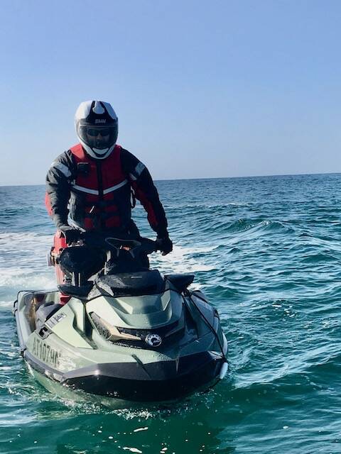 Mr Tarbit aboard his jet ski during the trip across the Bass Strait. Picture supplied