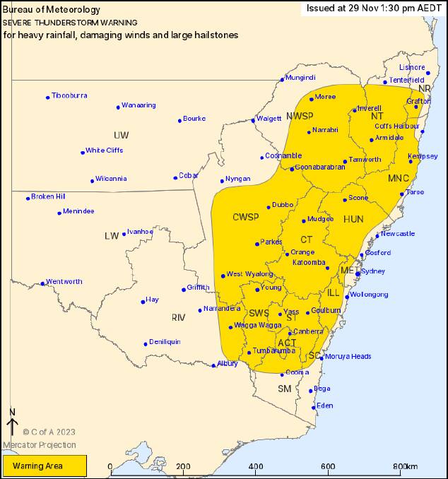 Severe weather warning area, November 29, 2023. Picture supplied by Australian Government Bureau of Meteorology
