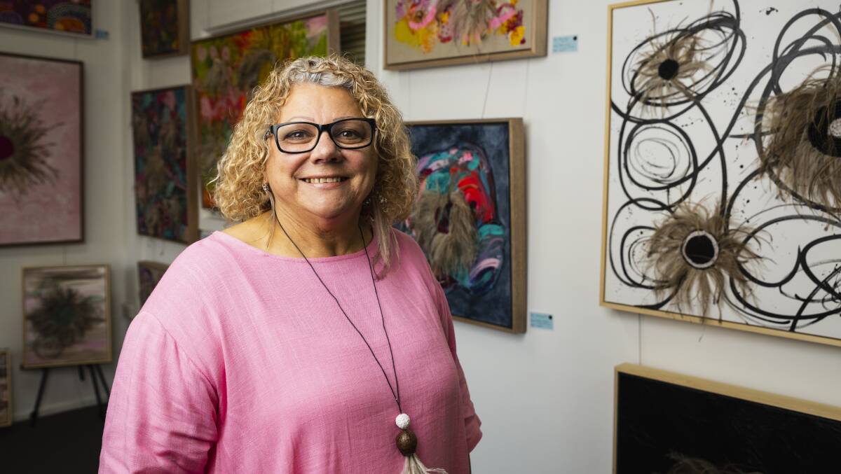 Local indigenous artist Debbie Wood (pictured) has teamed up with local artist Lindy Farley for an exhibition at Little Yellow House Gallery and Studio. Picture by Ash Smith
