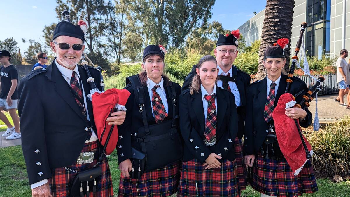 Members of The Wagga District Pipe Band - Ken Lansdown, Rebecca Cox, Erika Cox, Aaron Tuckwell and Cheryl Albert. Picture by Dan Holmes