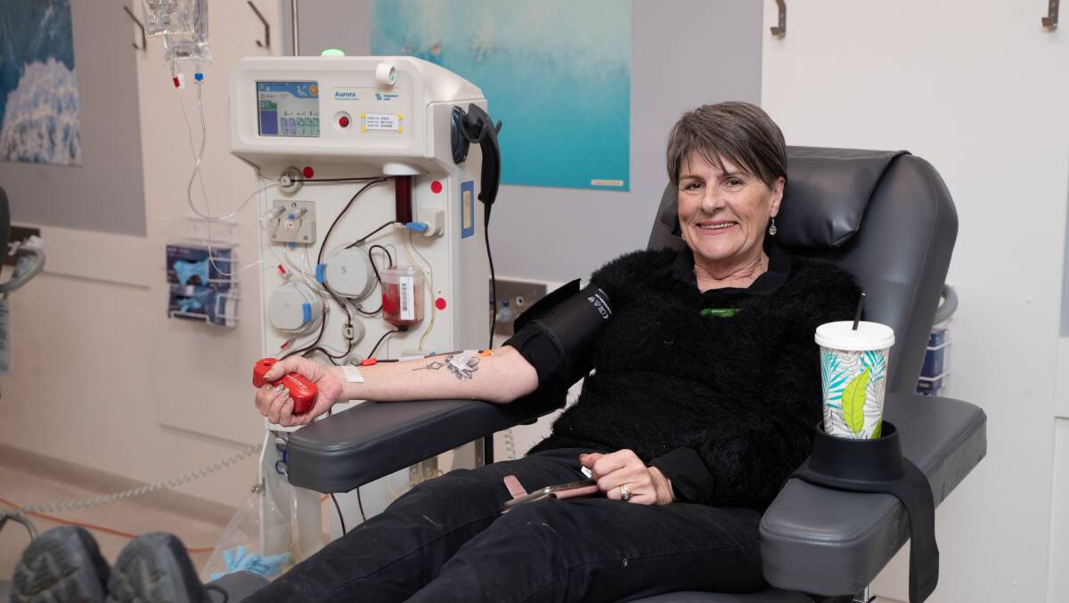 Maree Bourne on her lunch hour at the Lifeblood Wagga Wagga Donor Centre, donating plasma for the 31st time. Picture by Madeline Begley