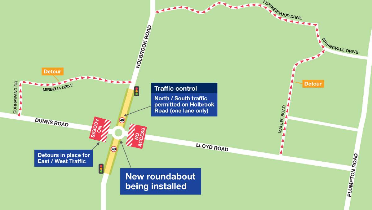Detours will be in place around the intersection of Dunns Road and Holbrook Road. Picture supplied