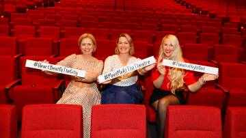 Wagga Civic Theatre's Tracey Simond, Claire Harris and Monique Burkinshaw pose with the social media hashtags promoting the 2024 season. Picture by Les Smith