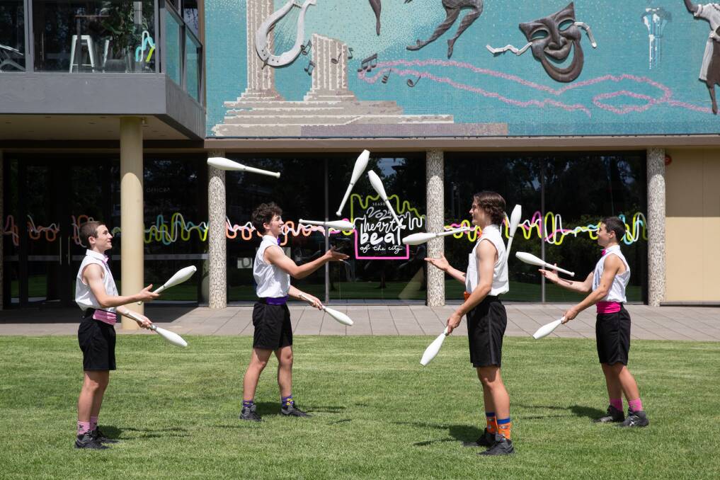 Flying Fruit Fly Circus performers Finn Neill, 14, Tal Shemesh, 17, Jake Kavanagh, 15, and Nate Klippel, 14, are set to perform during Wagga's Civic Theatre 2024 season. Picture by Madeline Begley